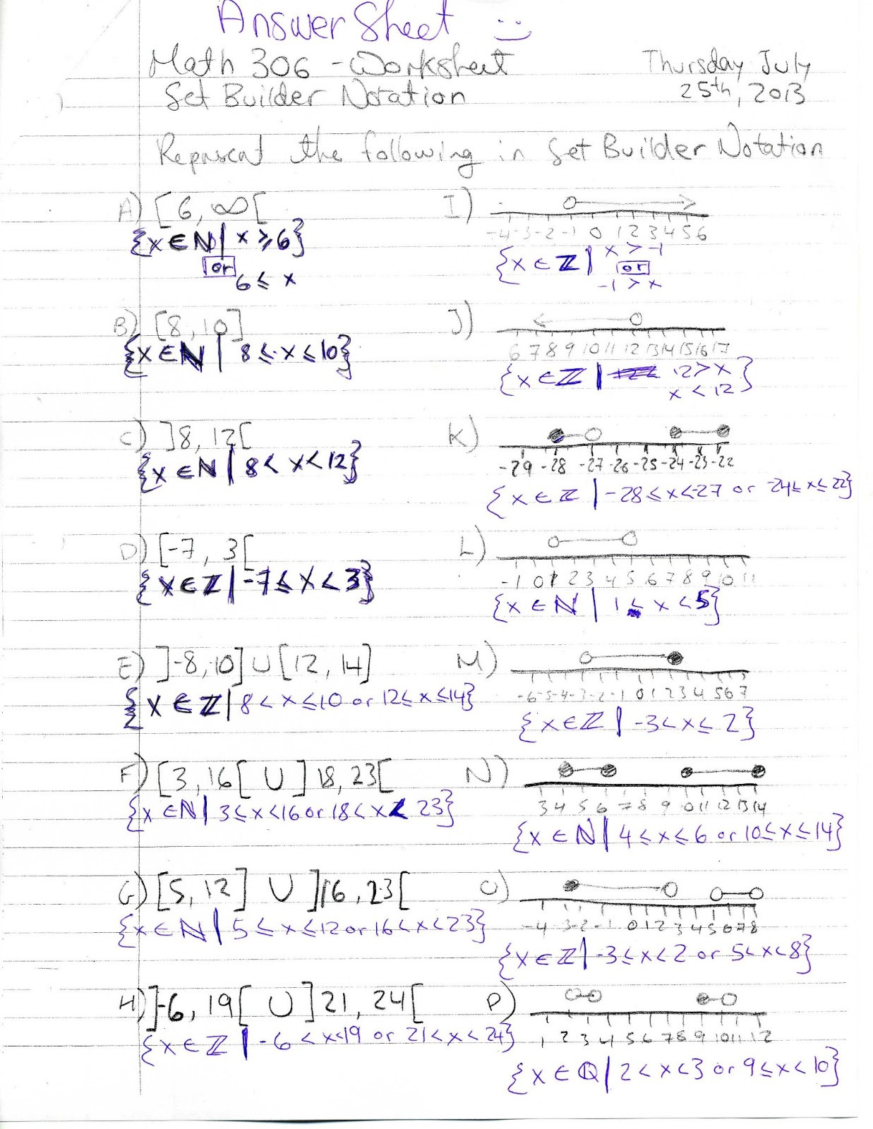 Set Builder Notation Worksheet Gyles Summer Math 2013 Answer Sheet for Set Builder Notation