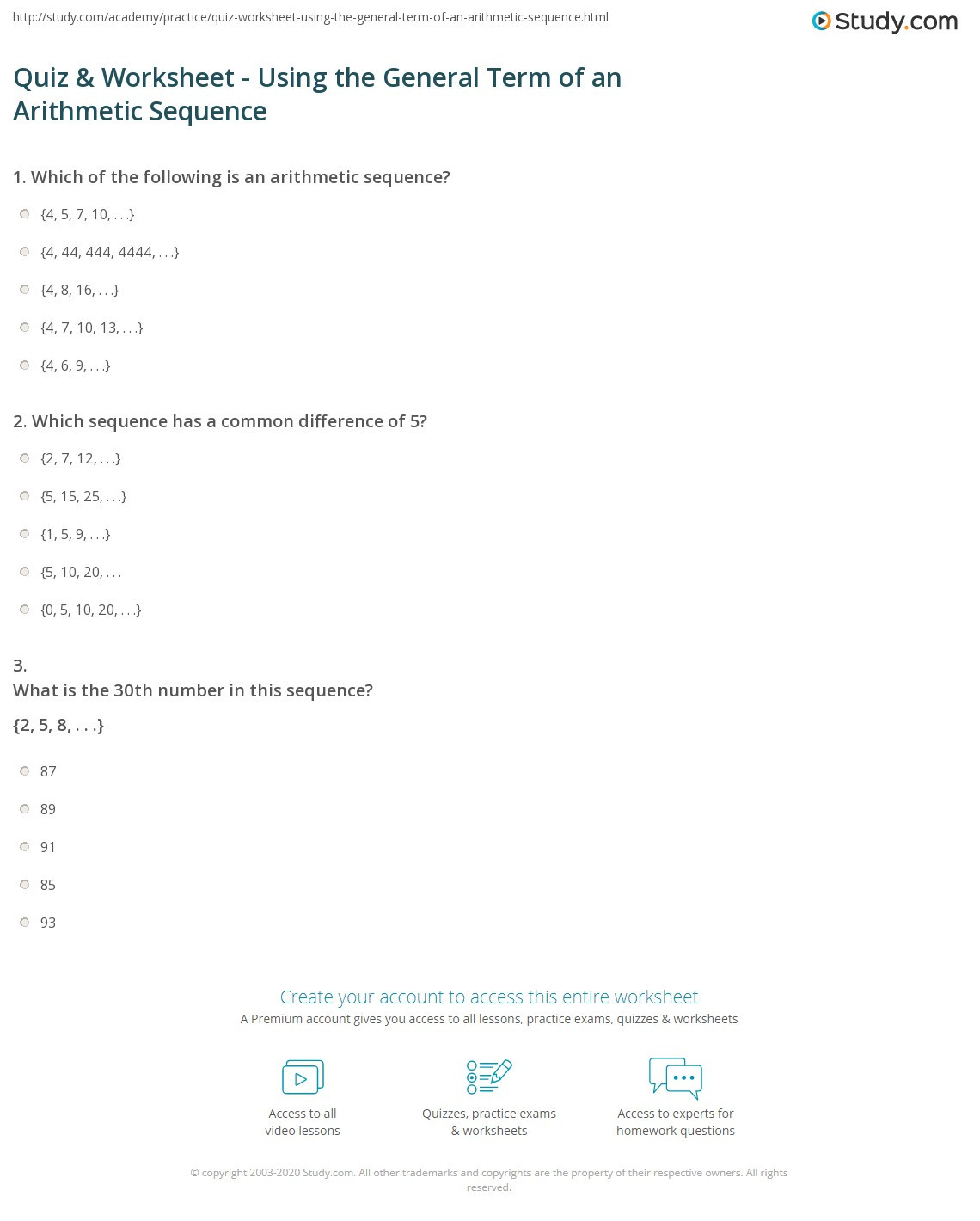 Set Builder Notation Worksheet Quiz &amp; Worksheet Using the General Term Of An Arithmetic