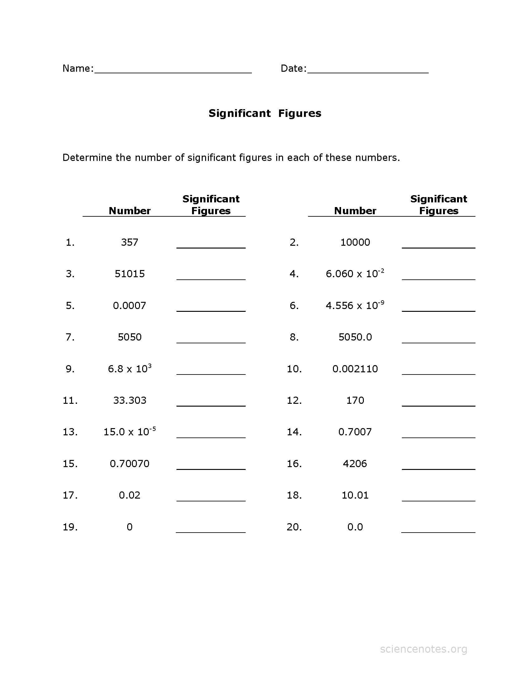 Significant Figures Worksheet Answers Significant Figures Worksheet