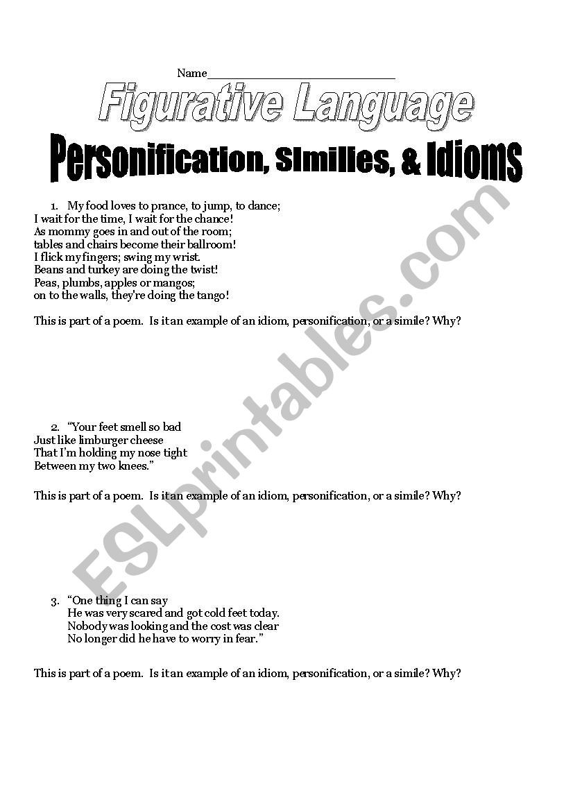 Simile Metaphor Personification Worksheet Figurative Language Similes Personification Idioms Esl