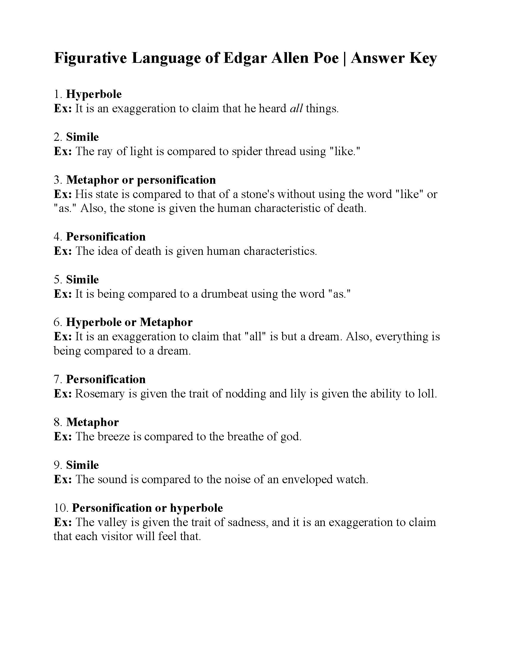 Simile Metaphor Personification Worksheet Identifying Figurative Language 1