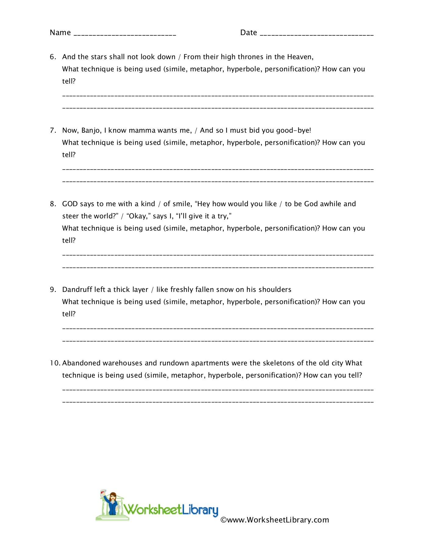 Simile Metaphor Personification Worksheet Identifying Figurative Language – Worksheet 1 Pages 1 3