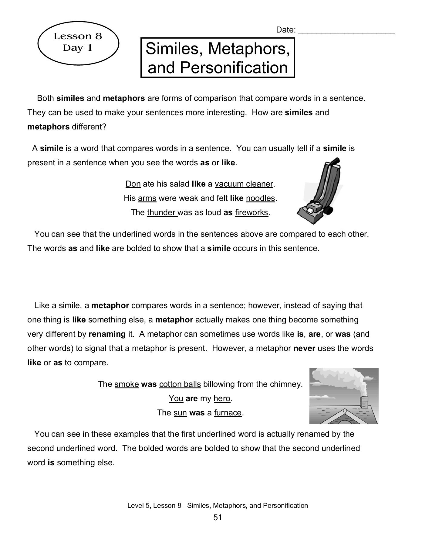 Simile Metaphor Personification Worksheet Lesson 8 Similes Metaphors and Personification Pages 1