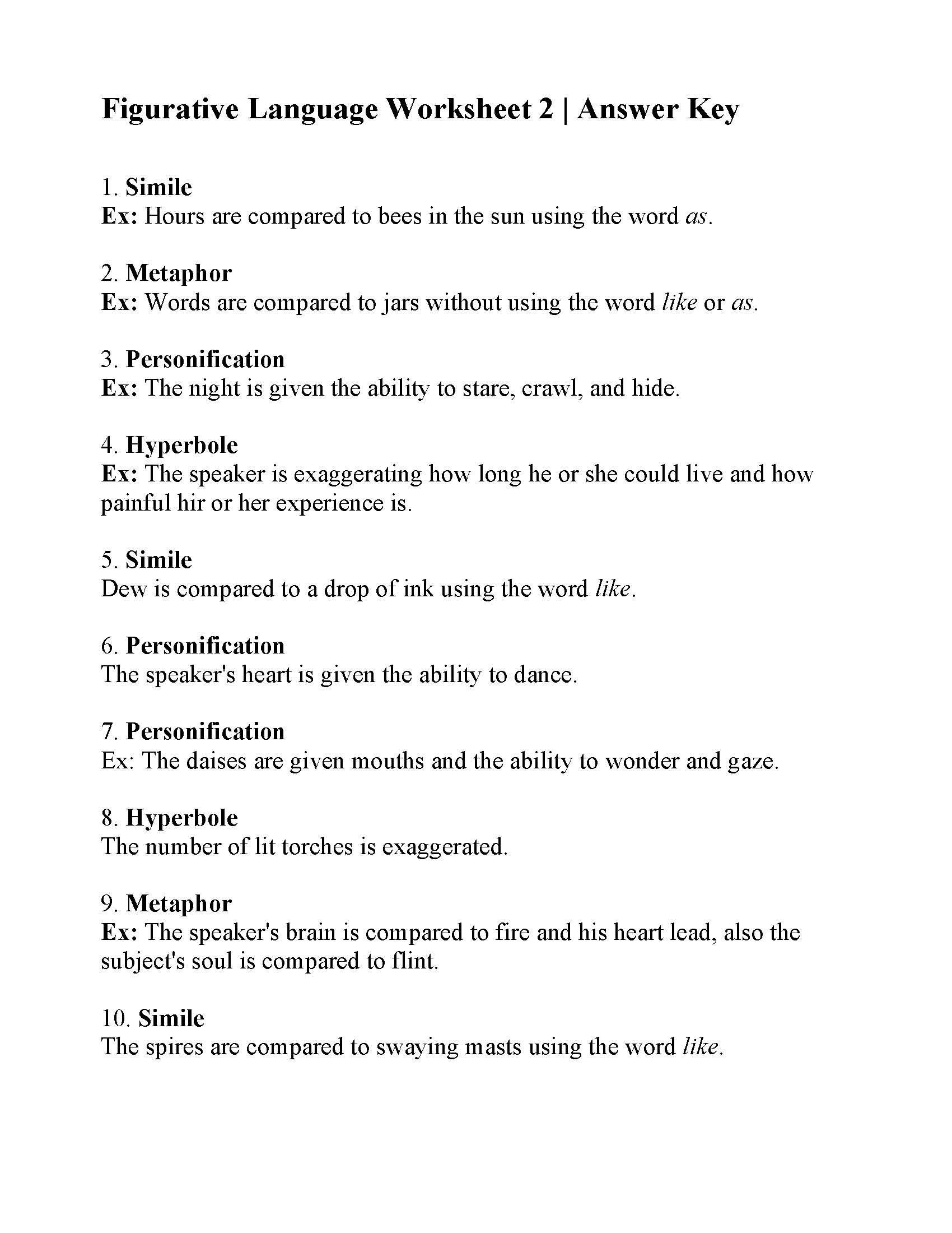 Simile Metaphor Personification Worksheet This is the Answer Key for the Figurative Language Worksheet