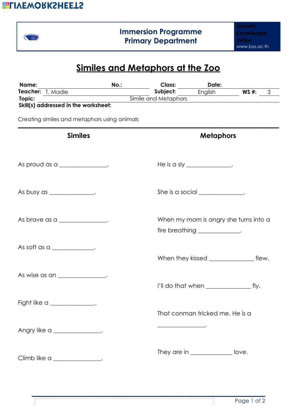 Similes and Metaphors Worksheet Animals In Similes and Metaphors Interactive Worksheet