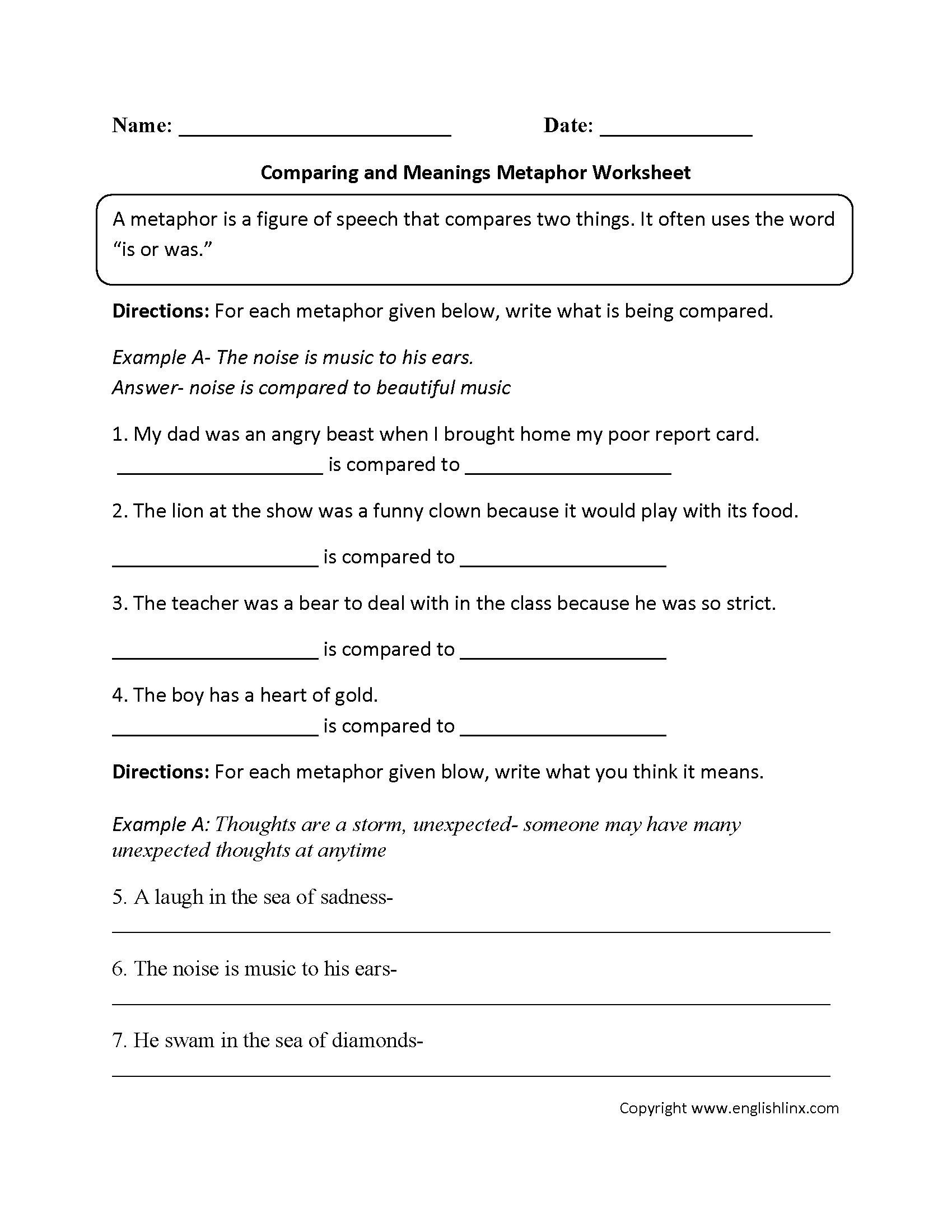Similes and Metaphors Worksheet Luxury Metaphor Worksheet 3rd Grade