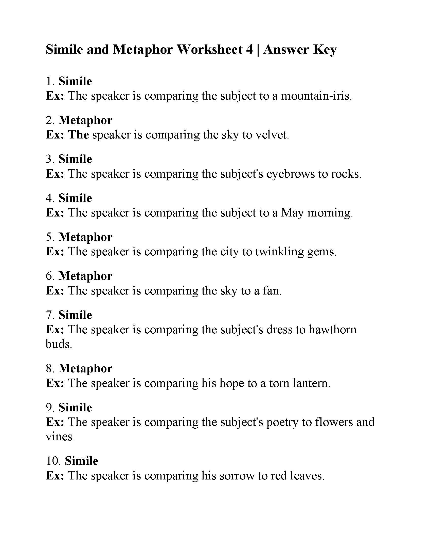 Similes and Metaphors Worksheet Simile and Metaphor Worksheet 4