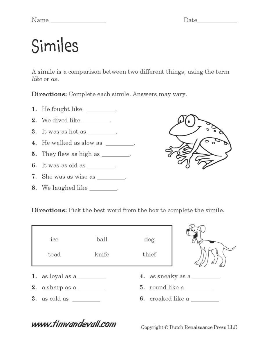 Similes and Metaphors Worksheet Simile Worksheets Pdf S Beatlesblogcarnival