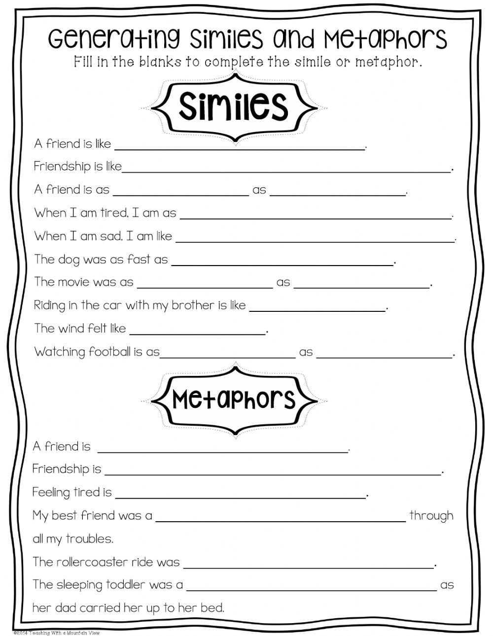 Similes and Metaphors Worksheet Similes &amp; Metaphors Interactive Worksheet