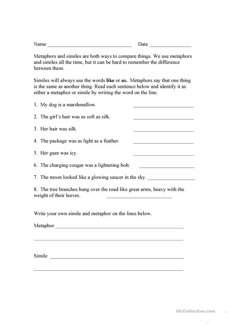 Similes and Metaphors Worksheet Similes and Metaphors English Esl Worksheets for Distance