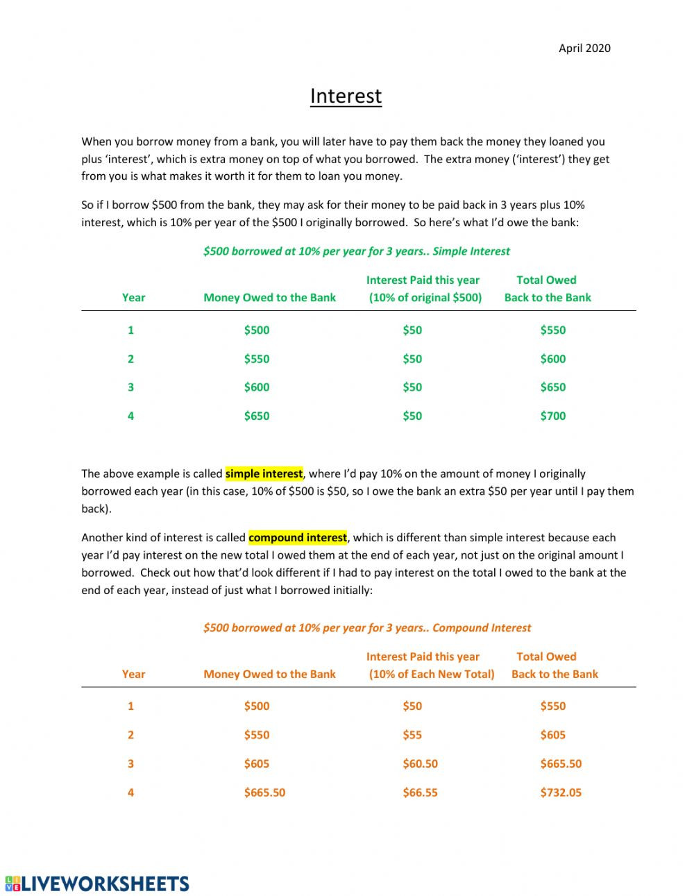 Simple and Compound Interest Worksheet Simple Vs Pound Interest Interactive Worksheet