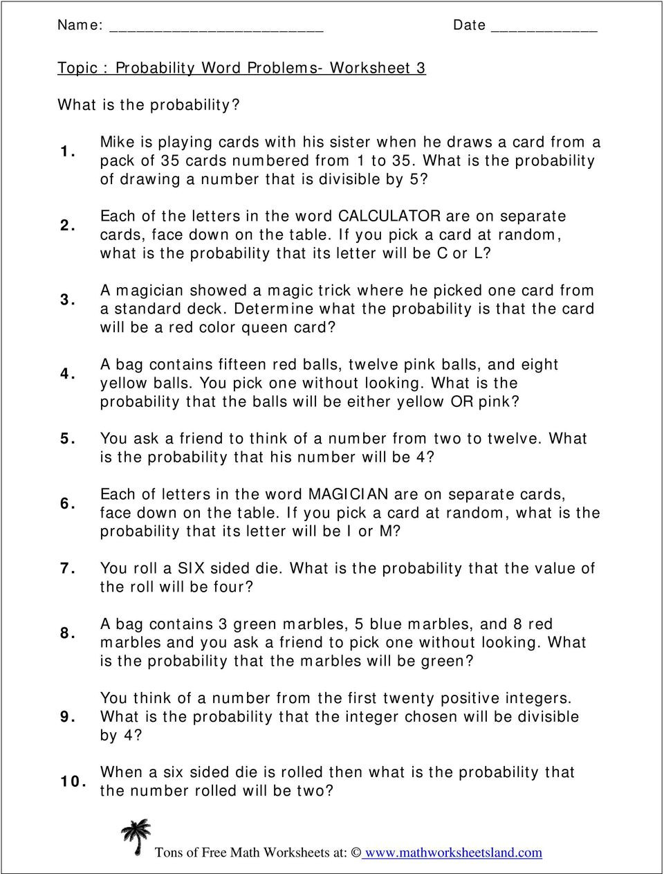 Simple Probability Worksheet Pdf A Magician Showed A Magic Trick where He Picked One Card