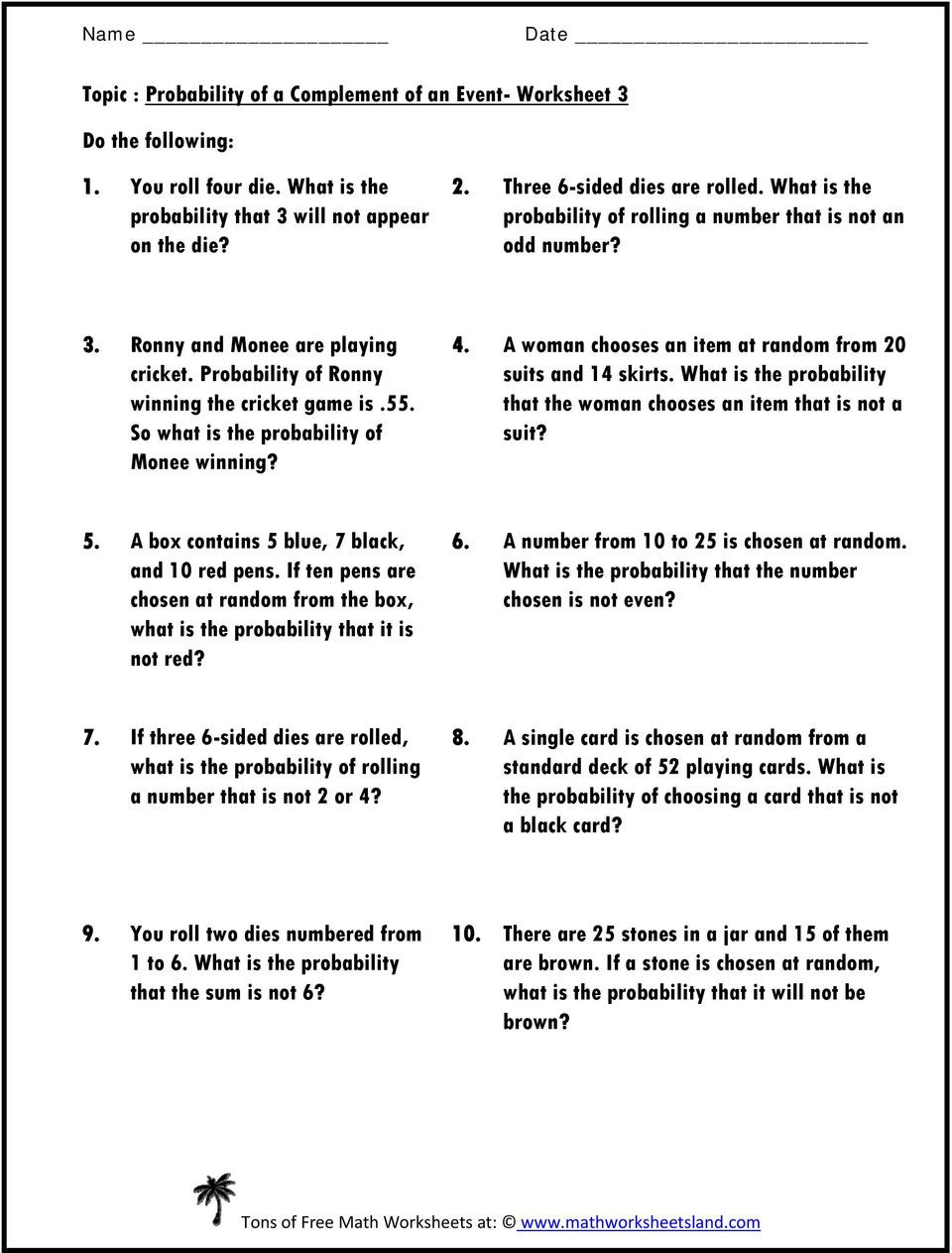Simple Probability Worksheet Pdf topic Probability Of A Plement Of An event Worksheet 1