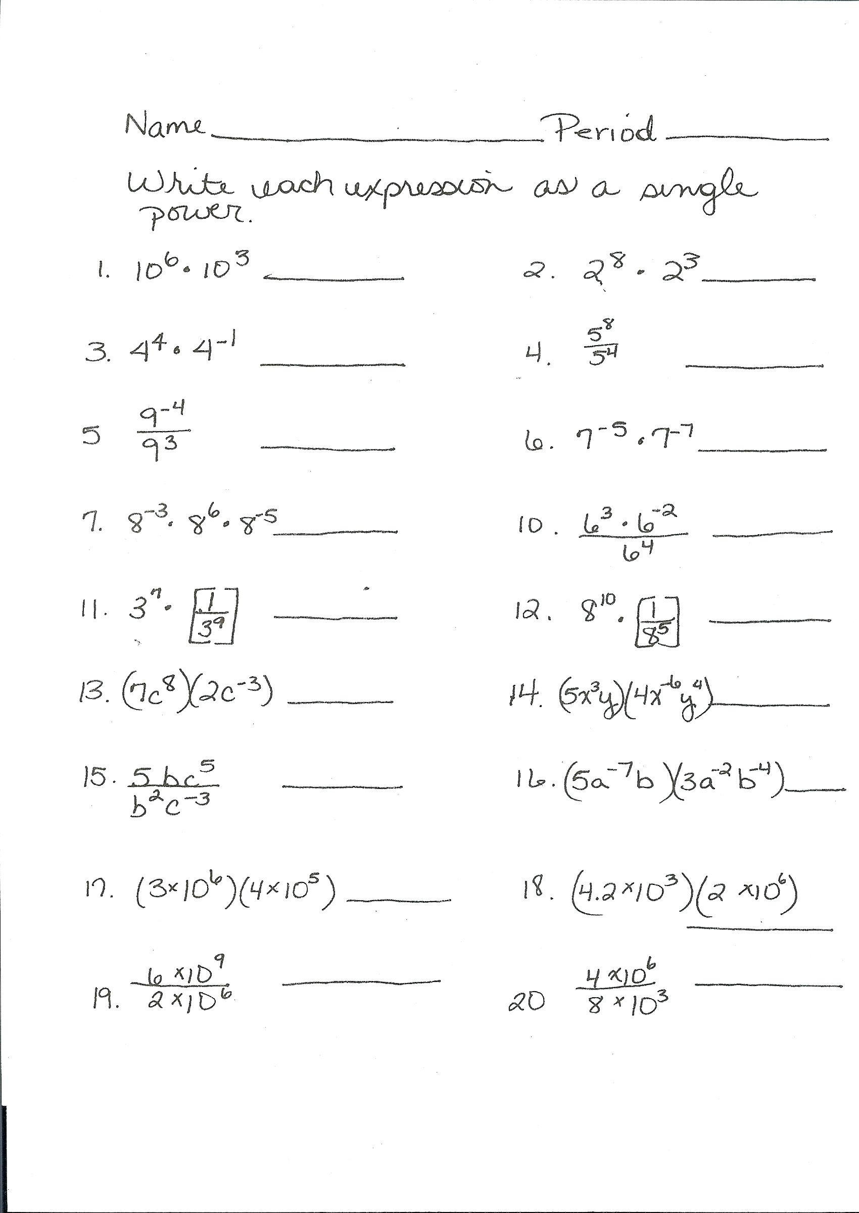Simplify Exponential Expressions Worksheet Exponents Calculator Worksheet