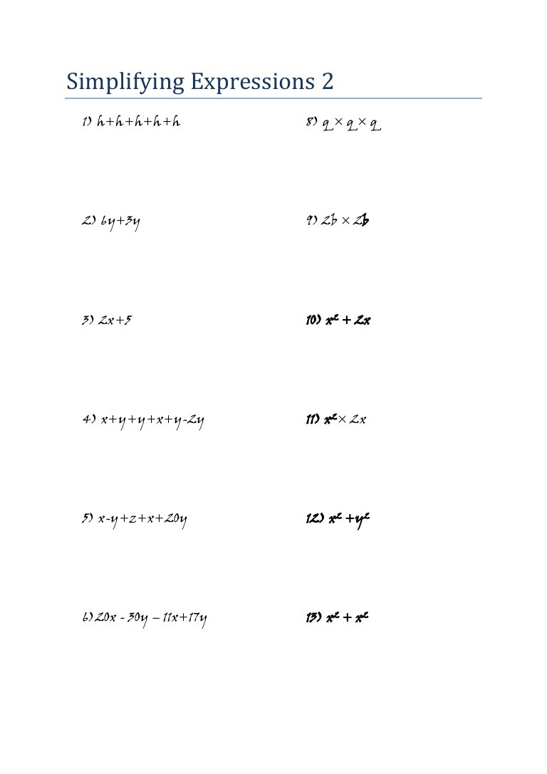 Simplify Exponential Expressions Worksheet Mathematics Algebra Worksheet Simplifying Expressions