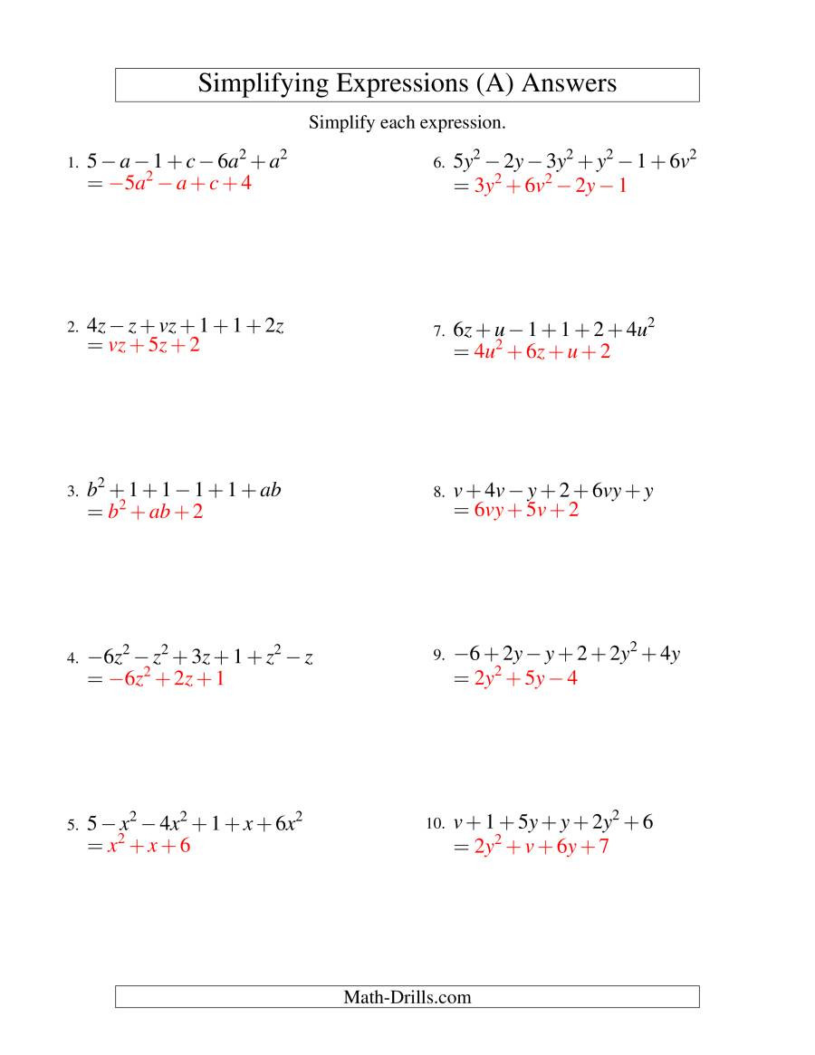 Simplify Exponential Expressions Worksheet Simplifying Algebraic Expressions with Two Variables and Six