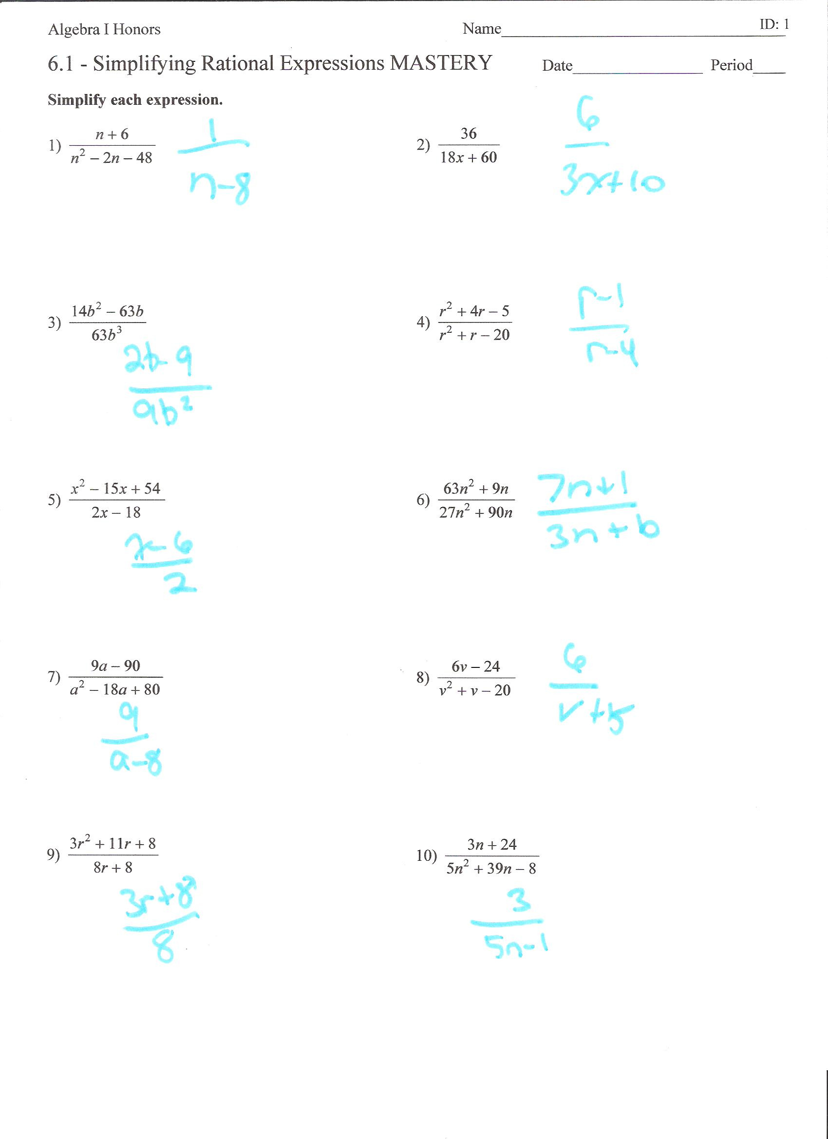 Simplify Exponential Expressions Worksheet Simplifying Rational Expressions Worksheet Algebra 2