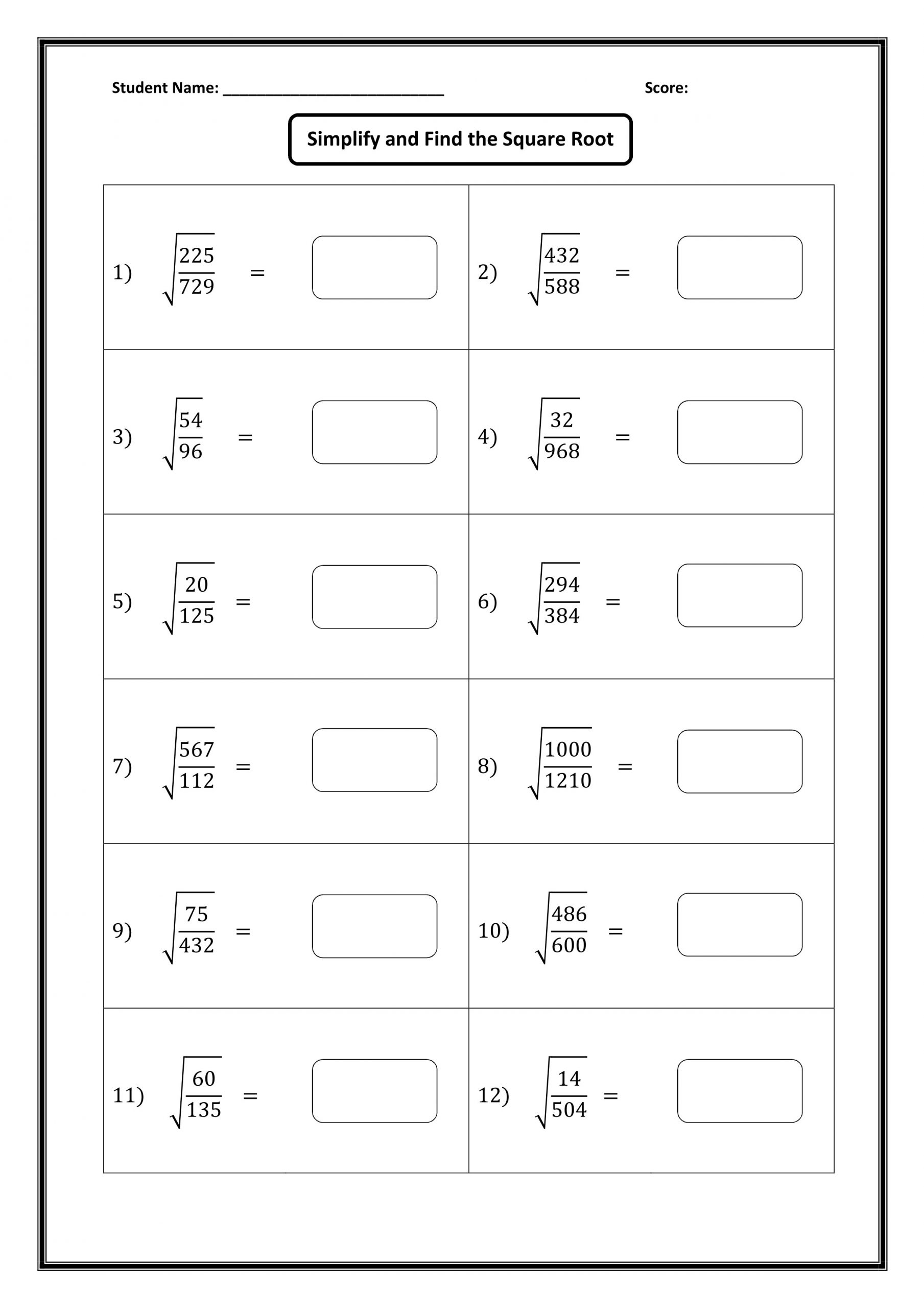 Simplify Square Roots Worksheet Square Root Worksheet Answers
