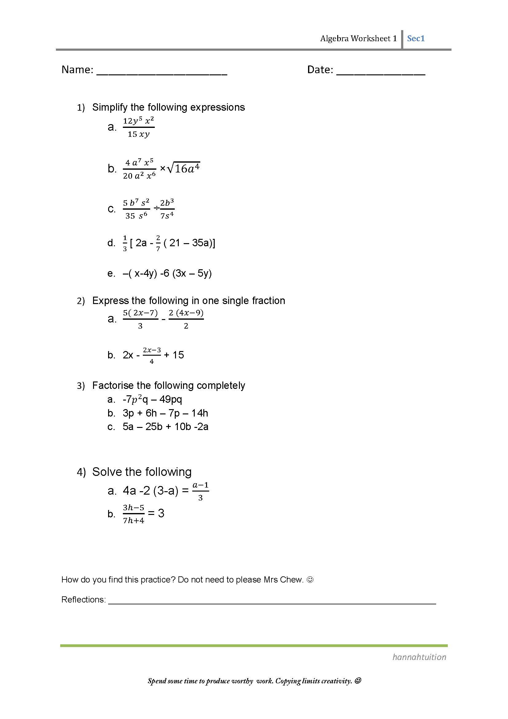 Simplifying Algebraic Fractions Worksheet Algebra Sec 1 Simplify Factorise solve – Hannahtuition