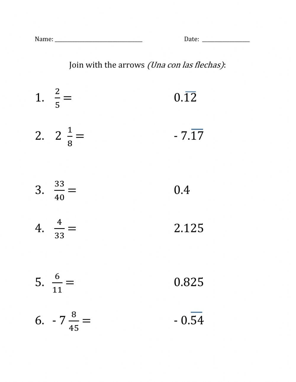 Simplifying Algebraic Fractions Worksheet Fractions to Decimals 1 Interactive Worksheet