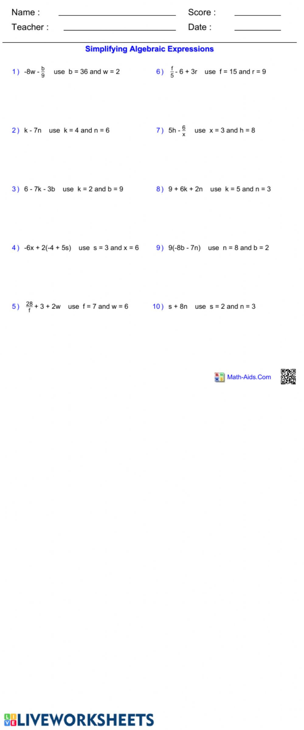 Simplifying Algebraic Fractions Worksheet Simplifying Algebraic Expressions Interactive Worksheet