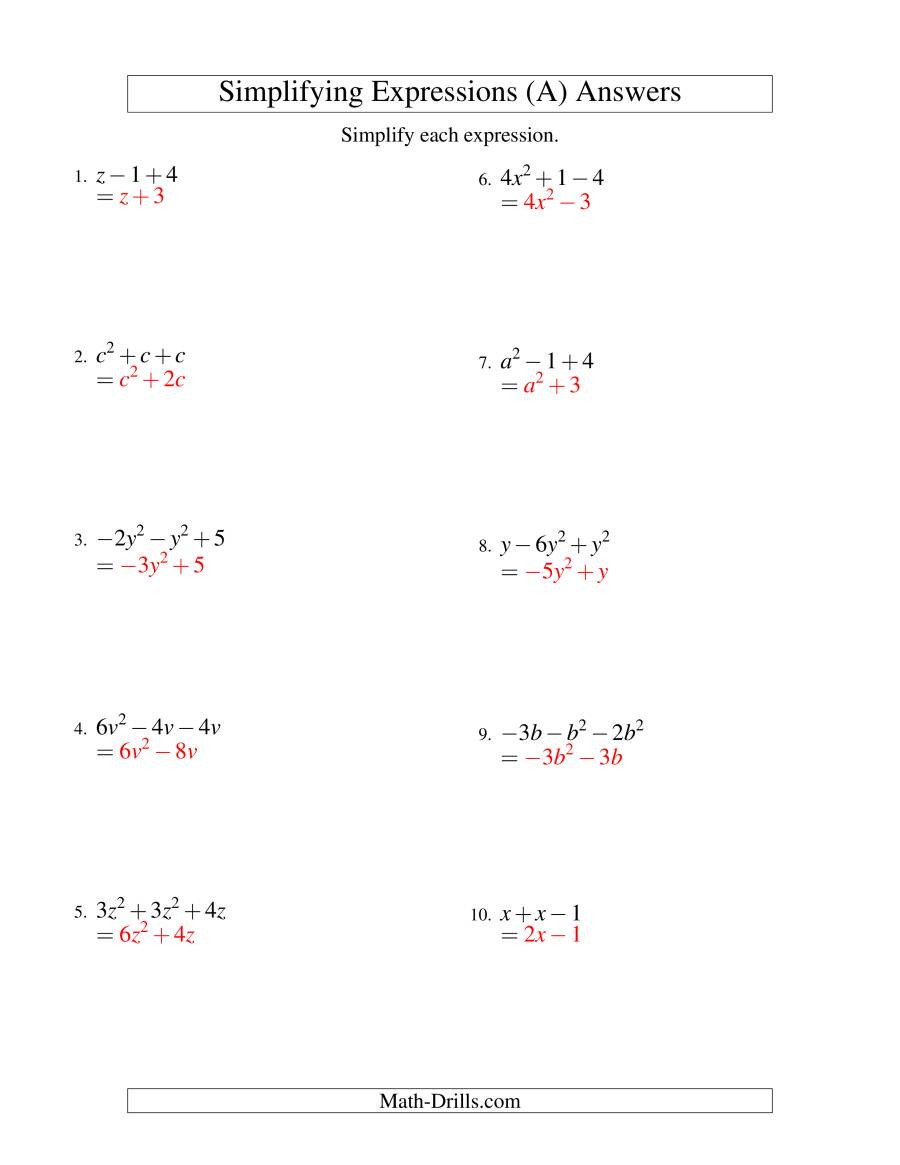 Simplifying Algebraic Fractions Worksheet Simplifying Algebraic Expressions with E Variable and
