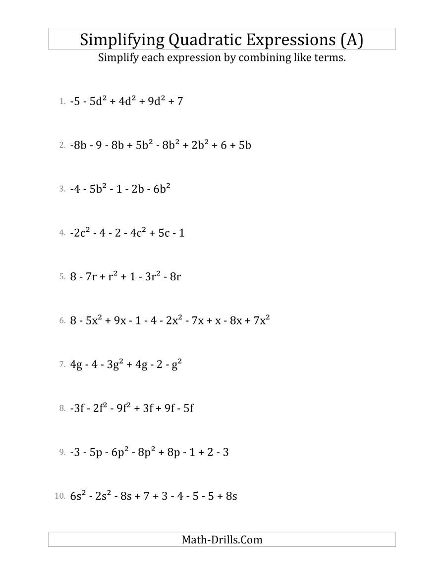 Simplifying Algebraic Fractions Worksheet Simplifying Quadratic Expressions with 6 to 10 Terms A