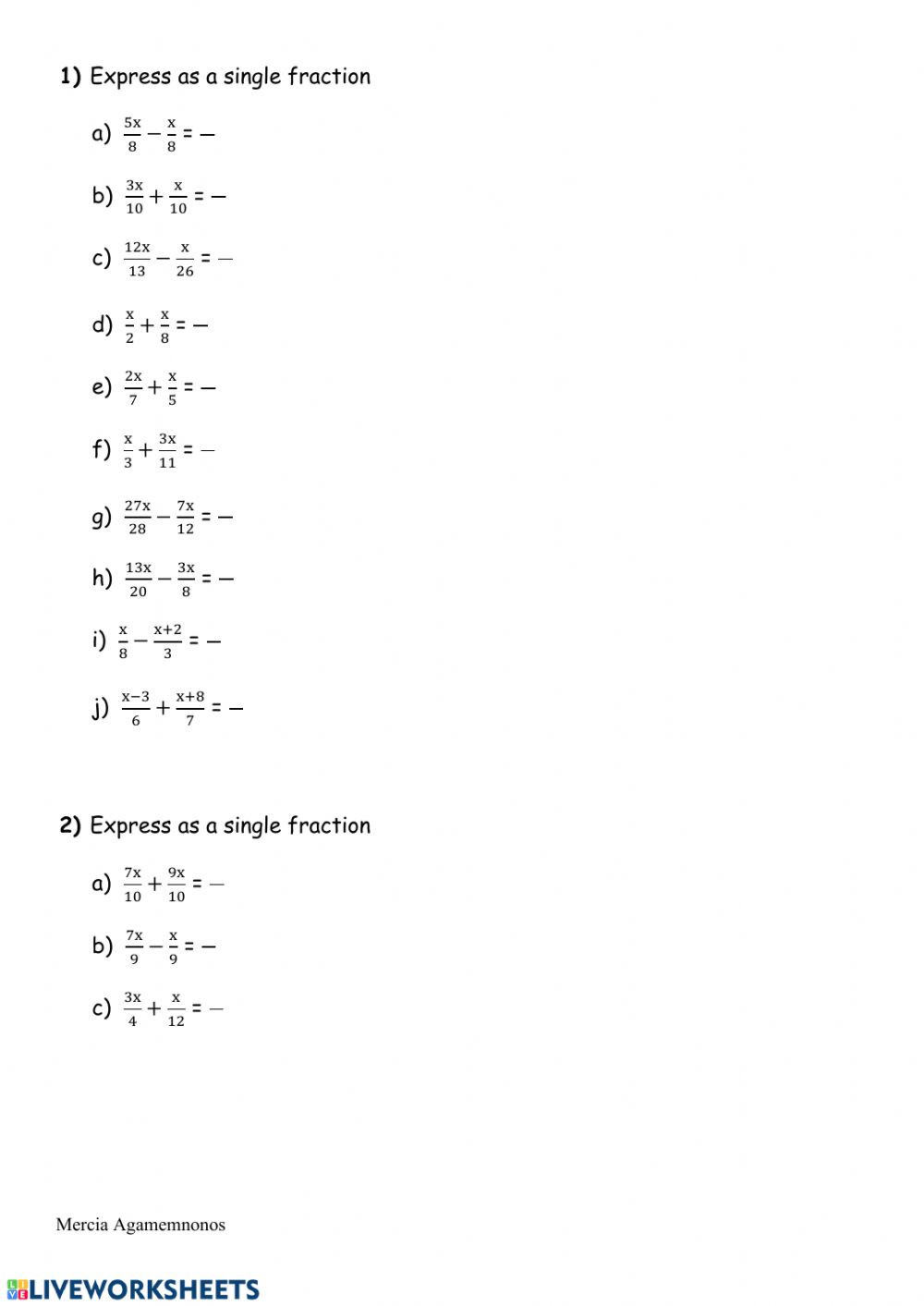 Simplifying Algebraic Fractions Worksheet Working with Algebraic Fractions Interactive Worksheet