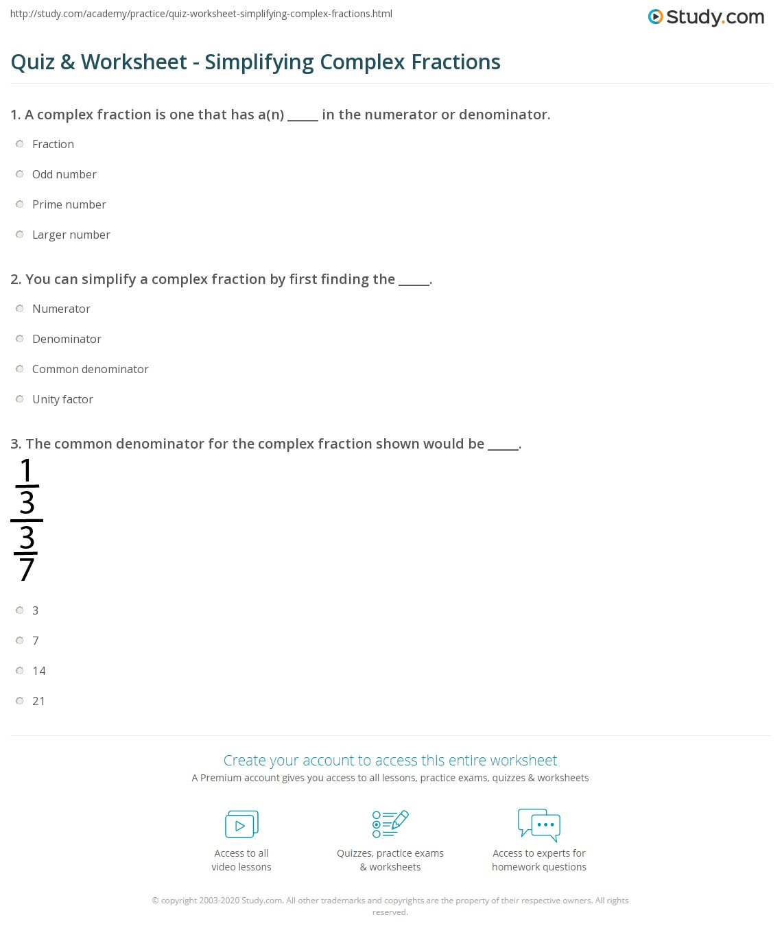 Simplifying Complex Fractions Worksheet Quiz &amp; Worksheet Simplifying Plex Fractions