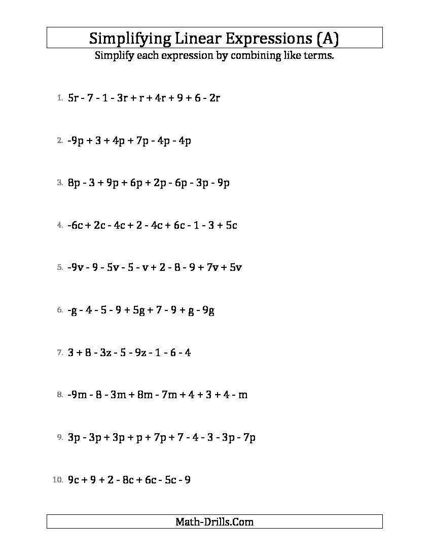 Simplifying Complex Fractions Worksheet Simplifying Linear Expressions with 6 to 10 Terms A