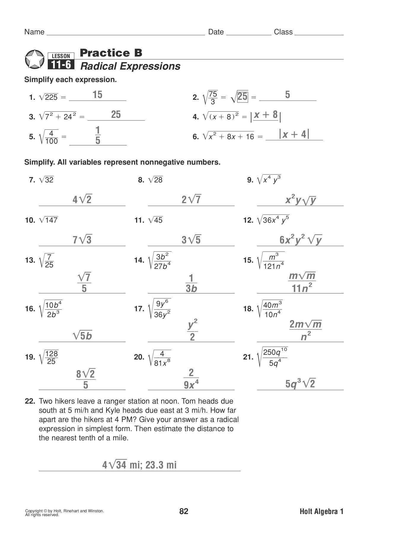 Simplifying Radical Expressions Worksheet Answers Lesson Practice B 11 6 Radical Expressions