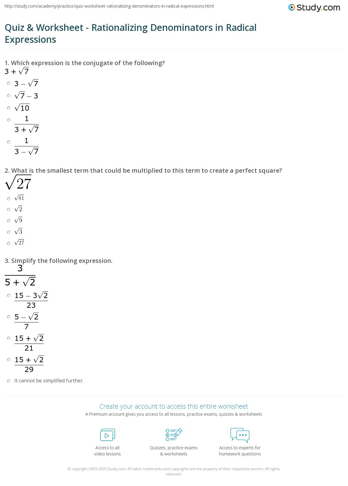 Simplifying Radical Expressions Worksheet Answers Quiz &amp; Worksheet Rationalizing Denominators In Radical