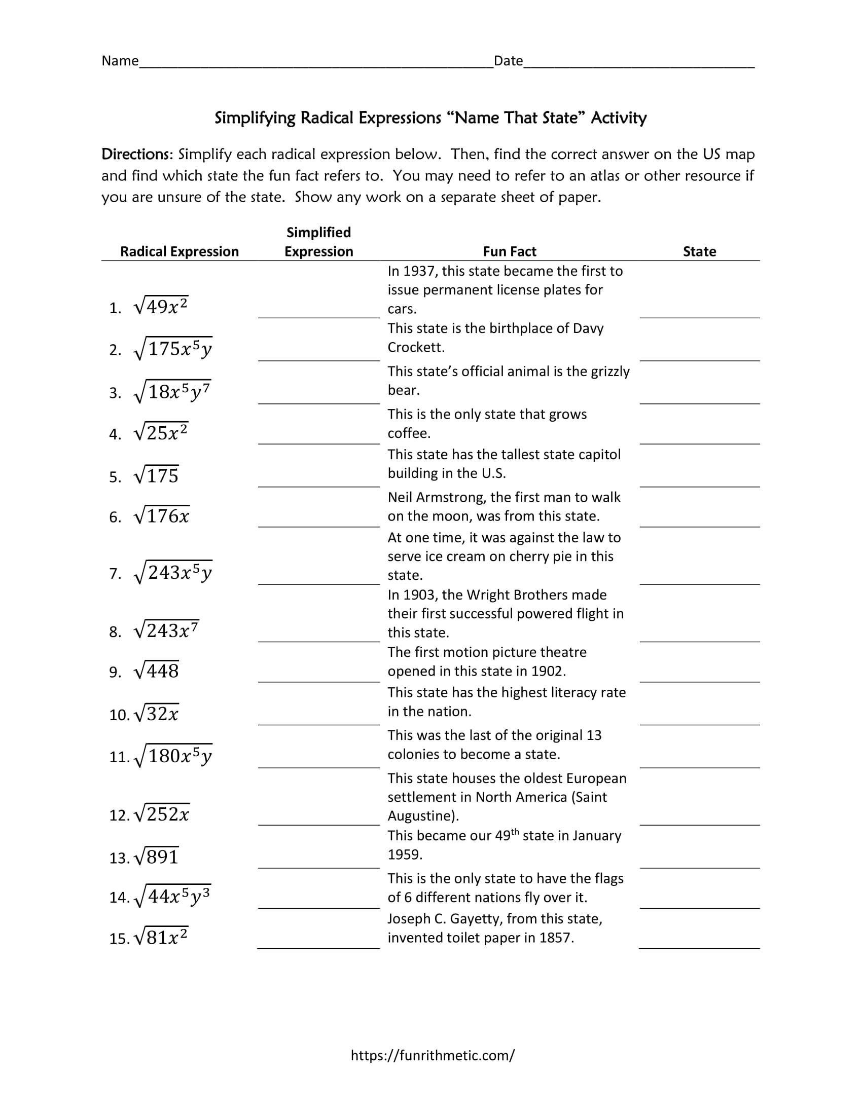 Simplifying Radical Expressions Worksheet Answers Simplifying Radical Expressions &quot;name that State&quot; Cross