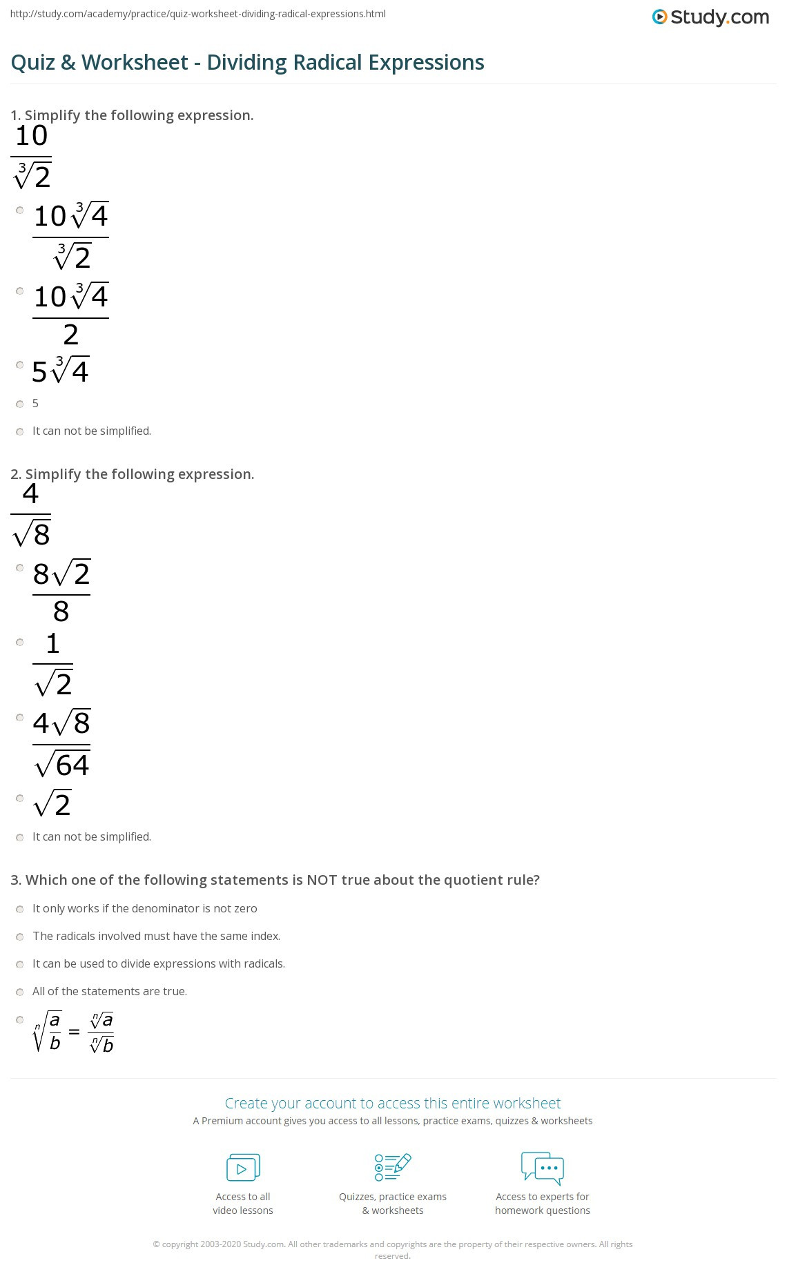Simplifying Radicals Practice Worksheet Quiz &amp; Worksheet Dividing Radical Expressions