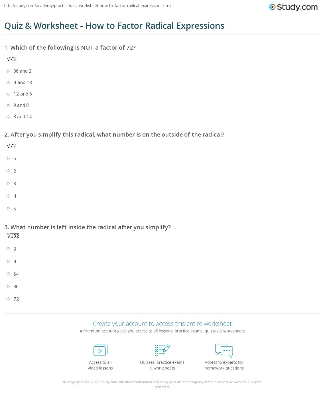 Simplifying Radicals Practice Worksheet Quiz &amp; Worksheet How to Factor Radical Expressions