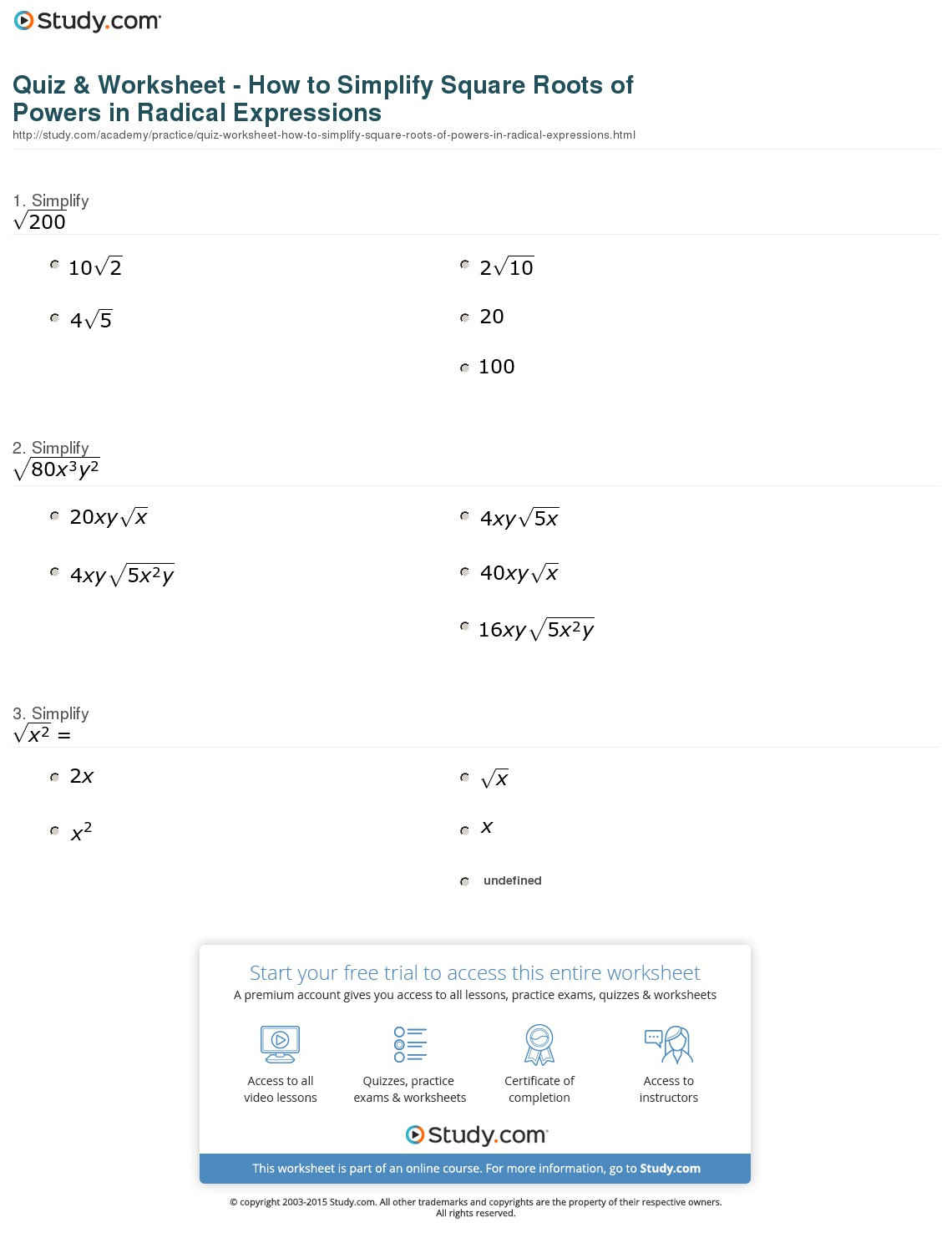 Simplifying Radicals Worksheet 1 Awesome Simplify Square Root Worksheet