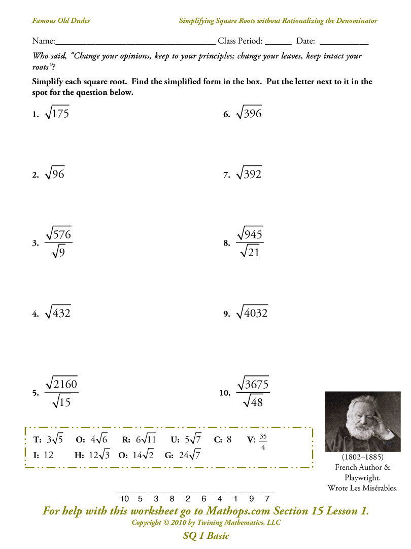 Simplifying Radicals Worksheet Answer Key Awesome Simplify Square Root Worksheet