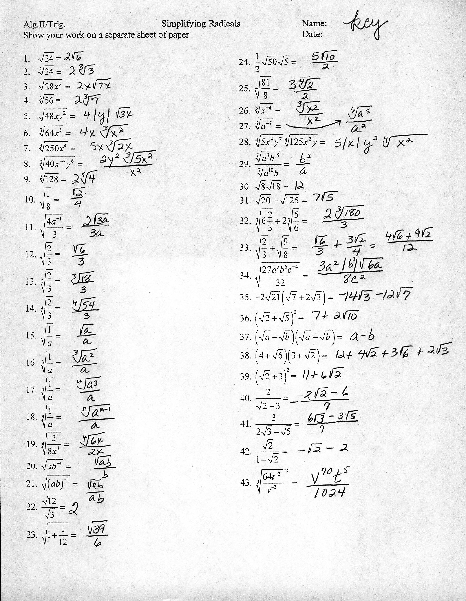 Simplifying Radicals Worksheet Pdf 35 Simplifying Radicals Worksheet 1 Answers Worksheet