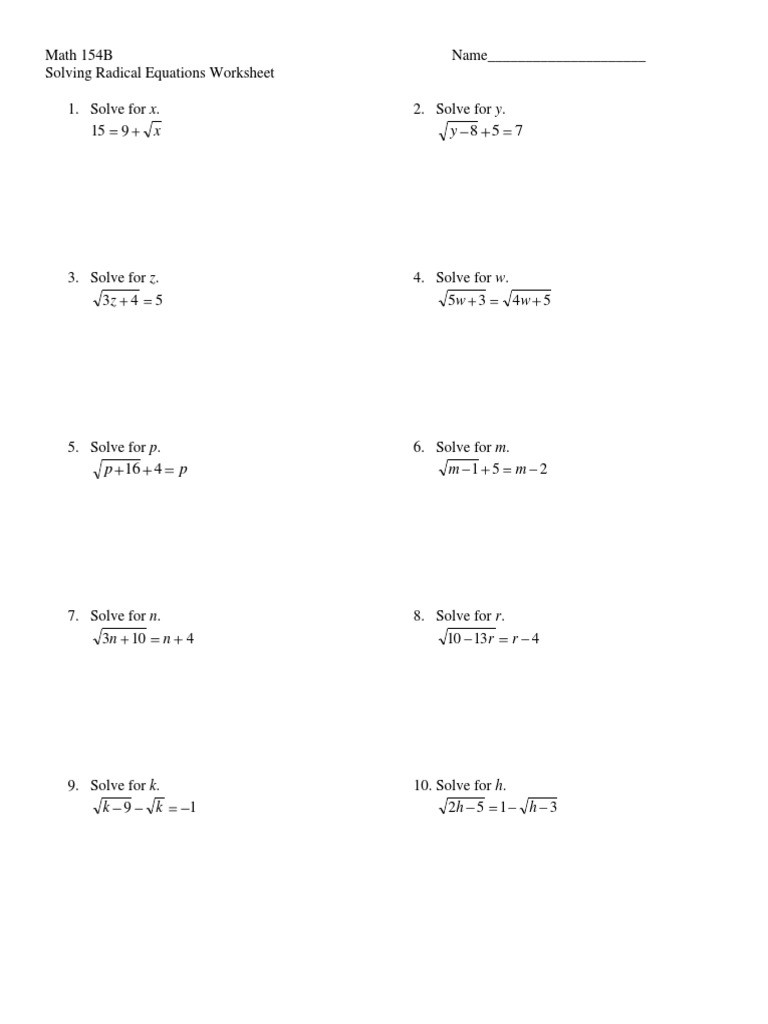 Simplifying Radicals Worksheet Pdf Math 154b solving Radicals Wksht Equations