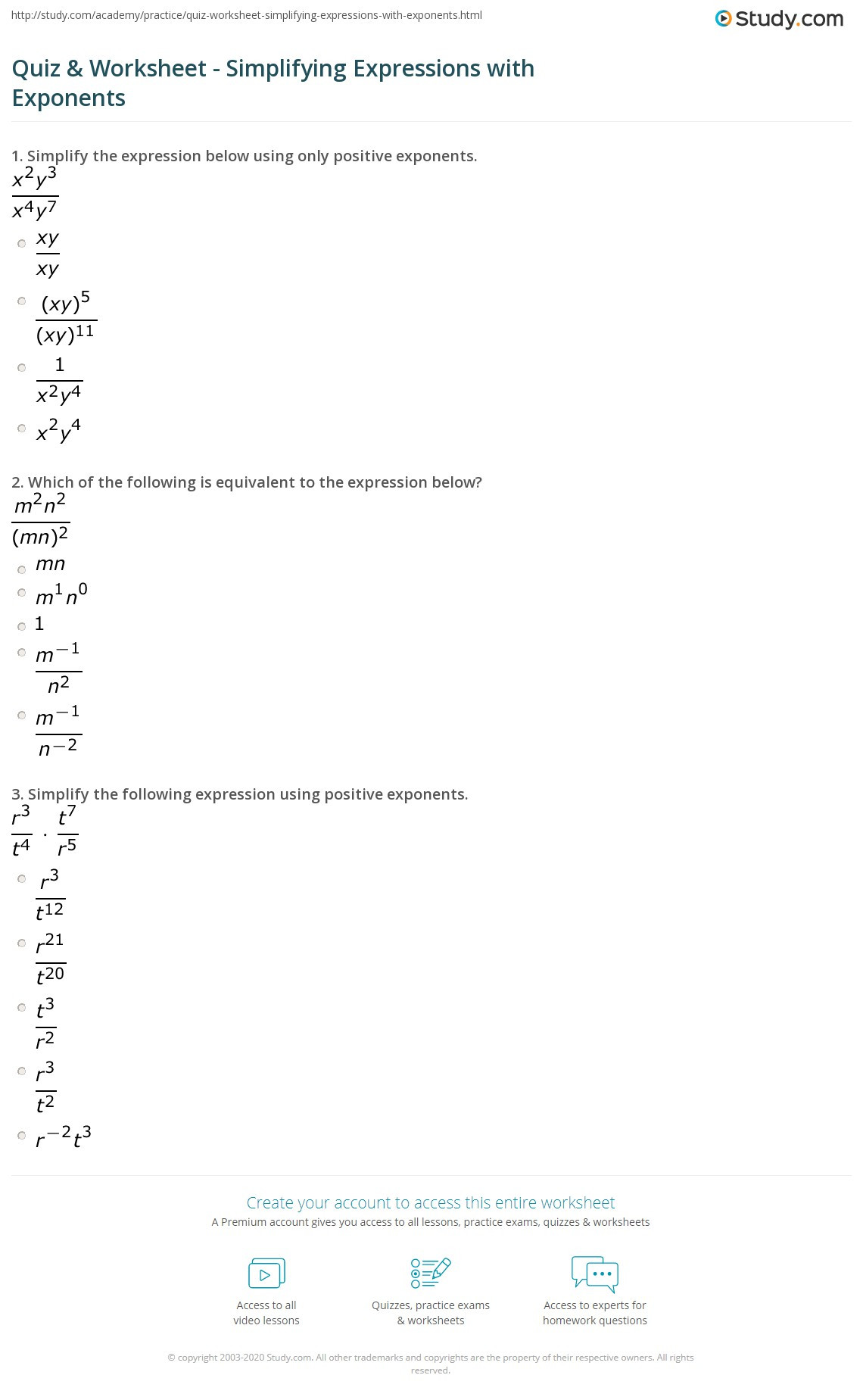 Simplifying Rational Exponents Worksheet Quiz &amp; Worksheet Simplifying Expressions with Exponents