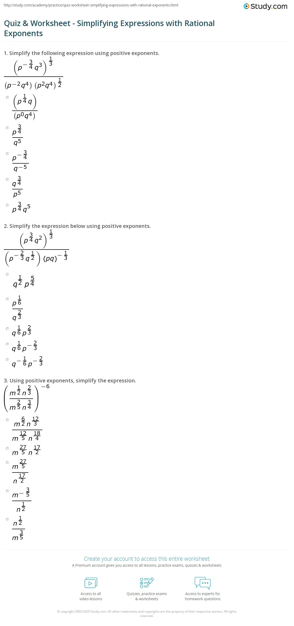 Simplifying Rational Exponents Worksheet Quiz &amp; Worksheet Simplifying Expressions with Rational