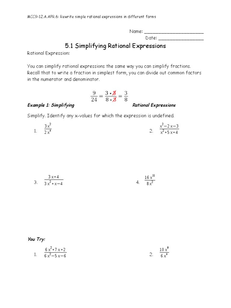 Simplifying Rational Expressions Worksheet 5 1 Simplifying Rational Expressions