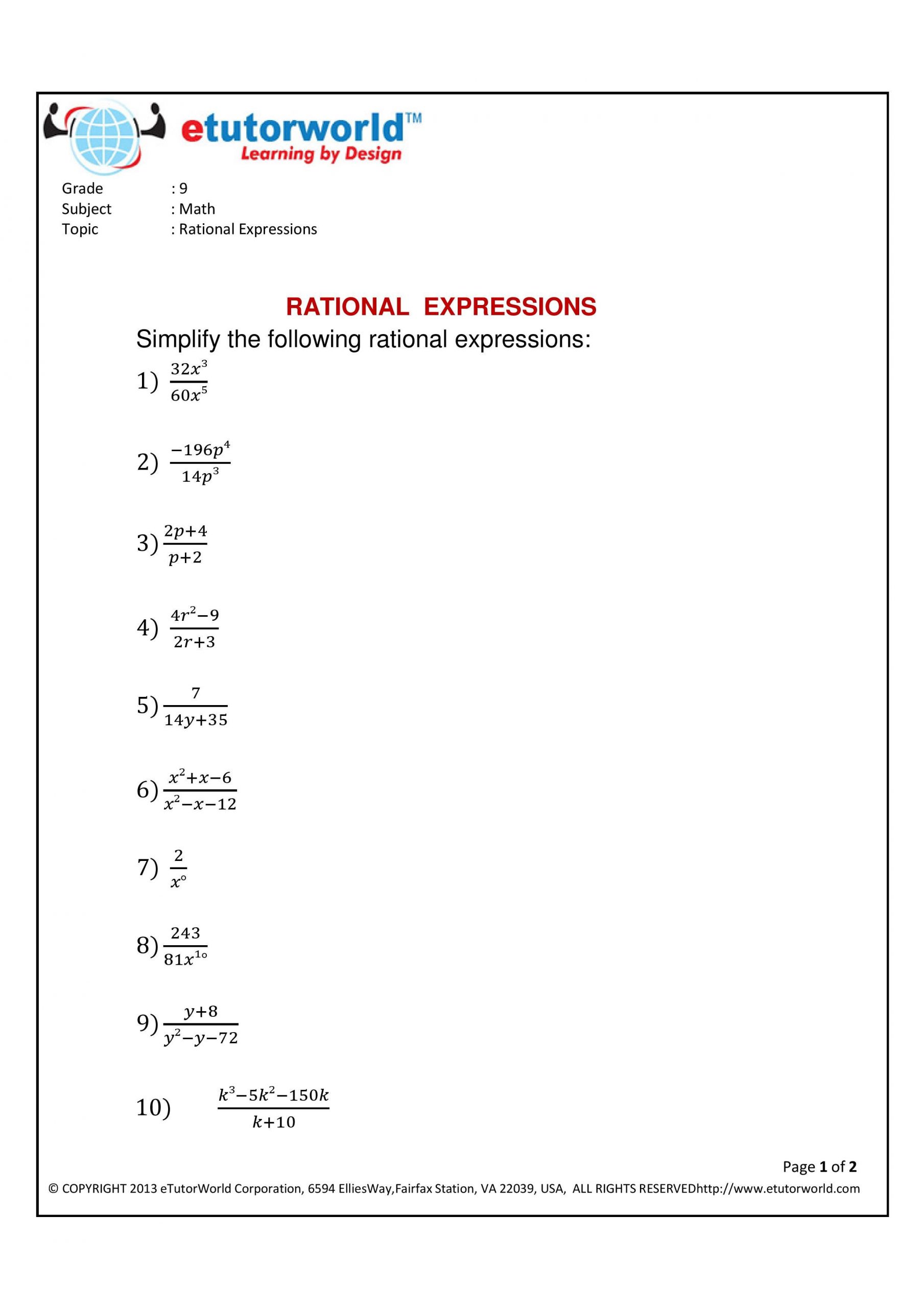 Simplifying Rational Expressions Worksheet Math Practice Sheet for the topic Simplifying Rational
