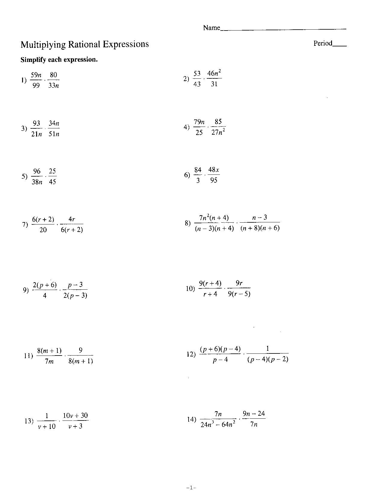Simplifying Rational Expressions Worksheet Multiplying Rational Expressions – 9th Grade Algebra