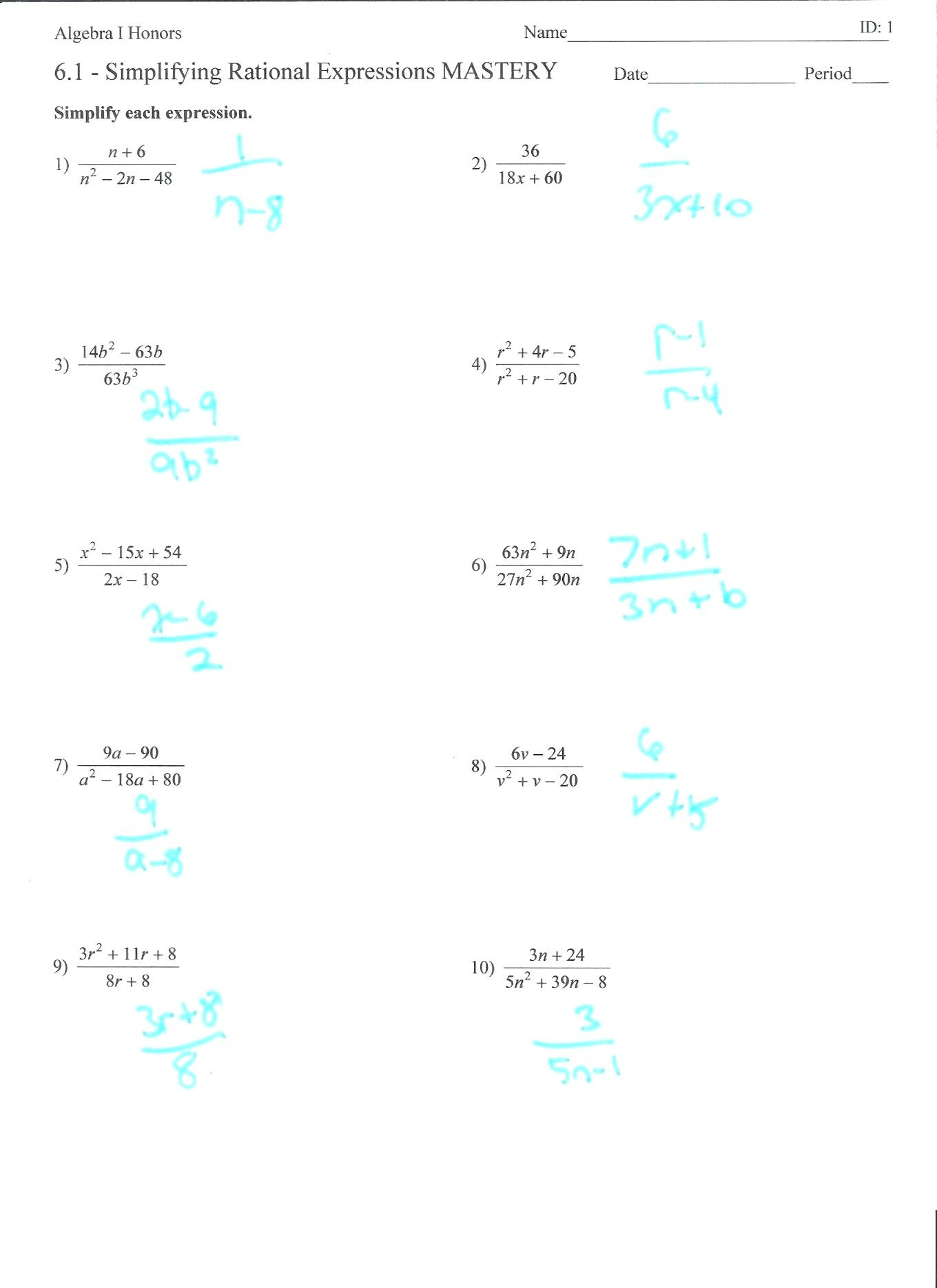 Simplifying Rational Expressions Worksheet Simplifying Rational Expressions Worksheet