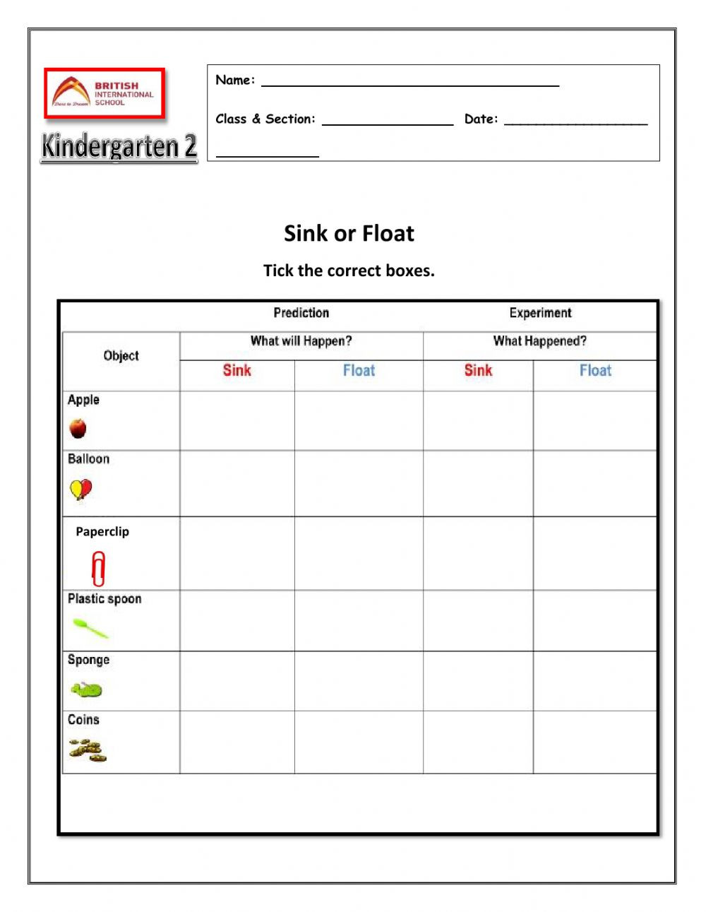 Sink or Float Worksheet Sink or Float Interactive Worksheet