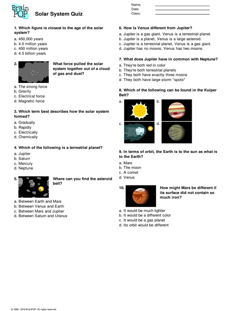 Solar System Worksheet Pdf Brainpop solar System Quiz Planets