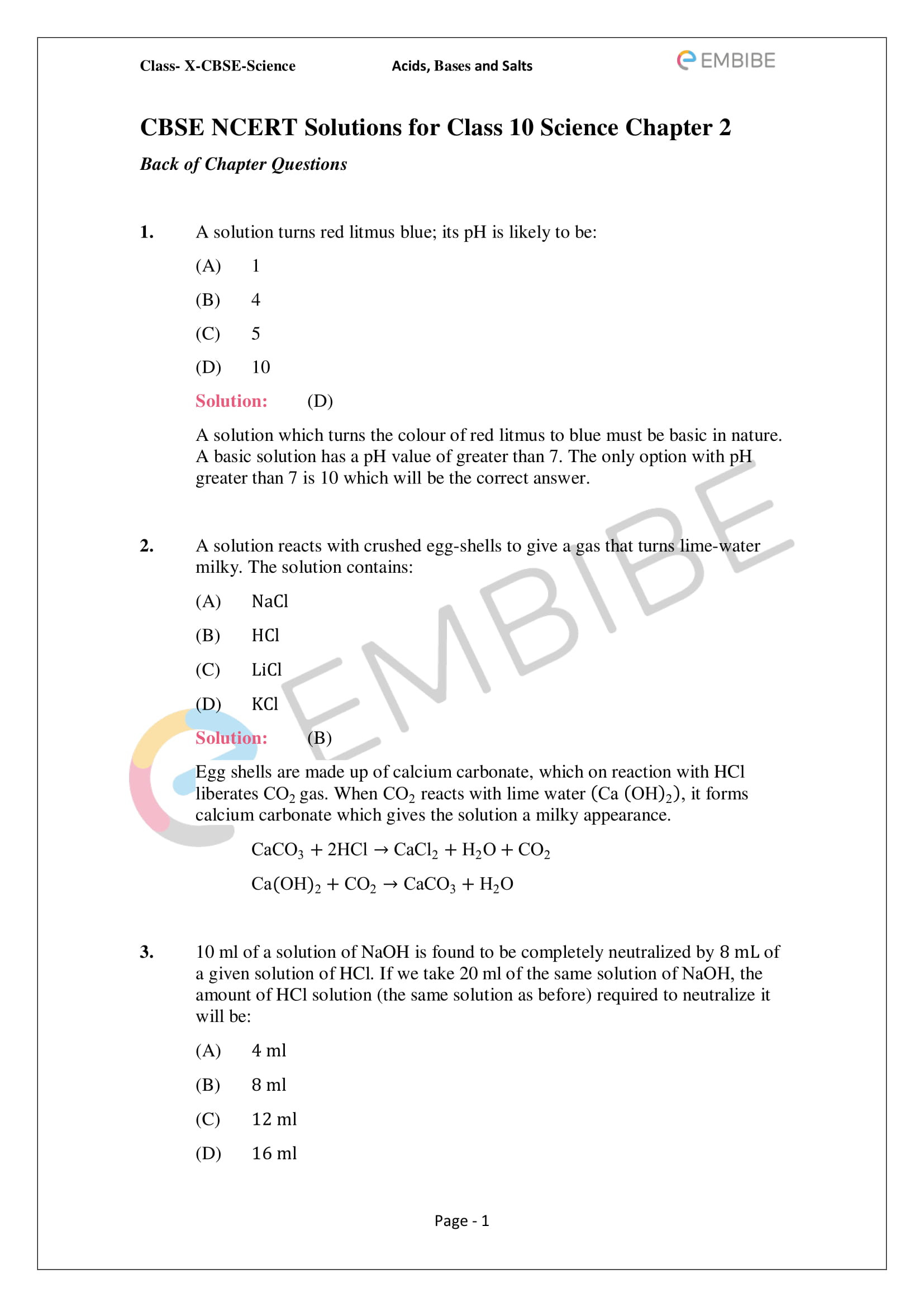 Solutions Acids and Bases Worksheet Ncert solutions for Class 10 Science Chapter 2 Acids Bases