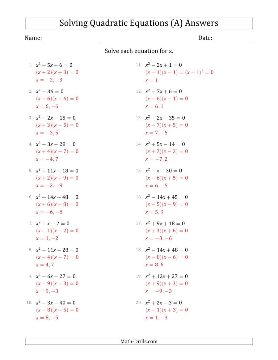 Solve by Factoring Worksheet solving Quadratic Equations with Positive A Coefficients