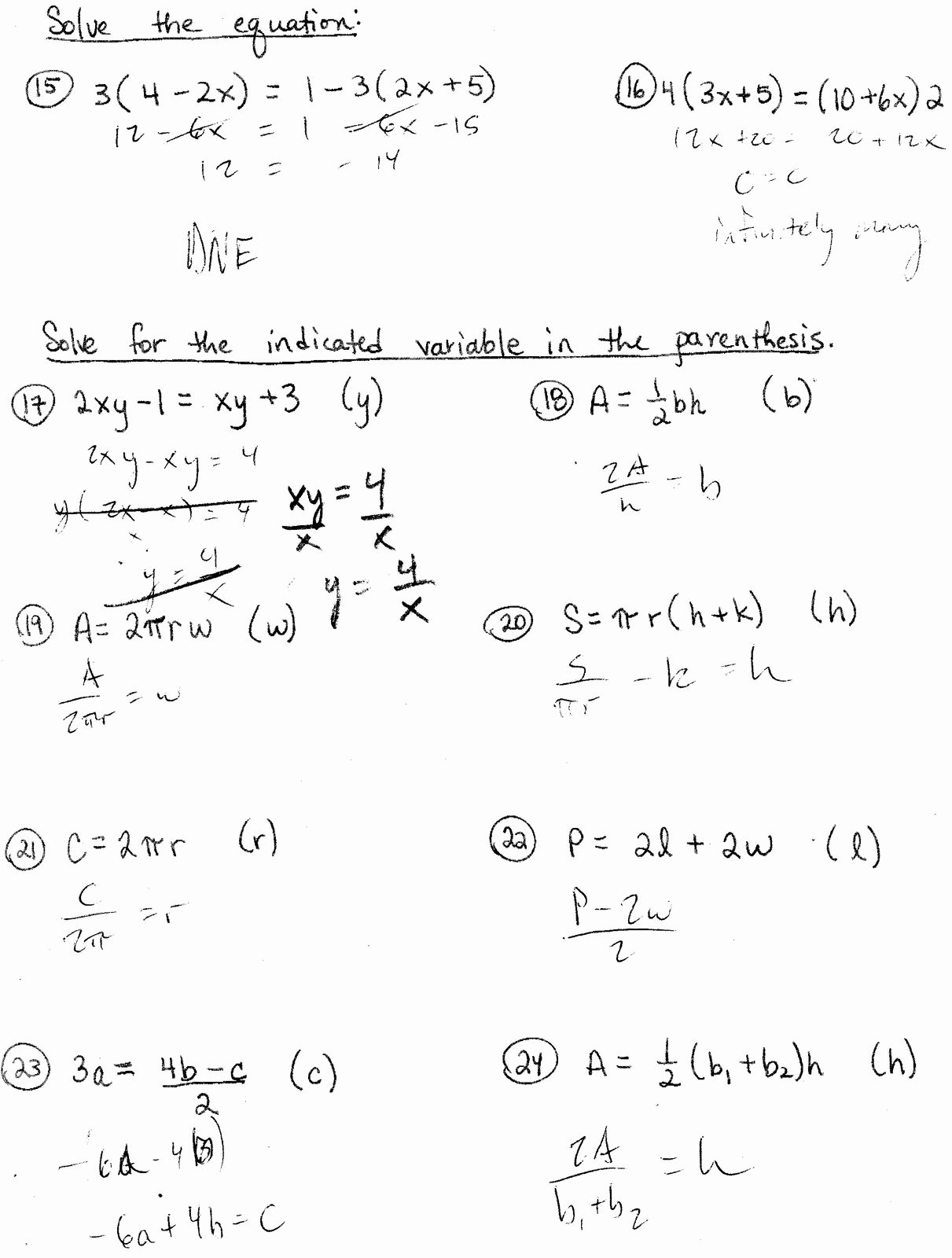 Solve Literal Equations Worksheet Literal Equation Worksheets with Key